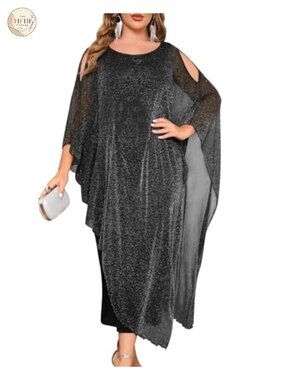 Plus Size Formal Dress Long Cape Overlay Wedding Guest Cocktail Mother of Bride